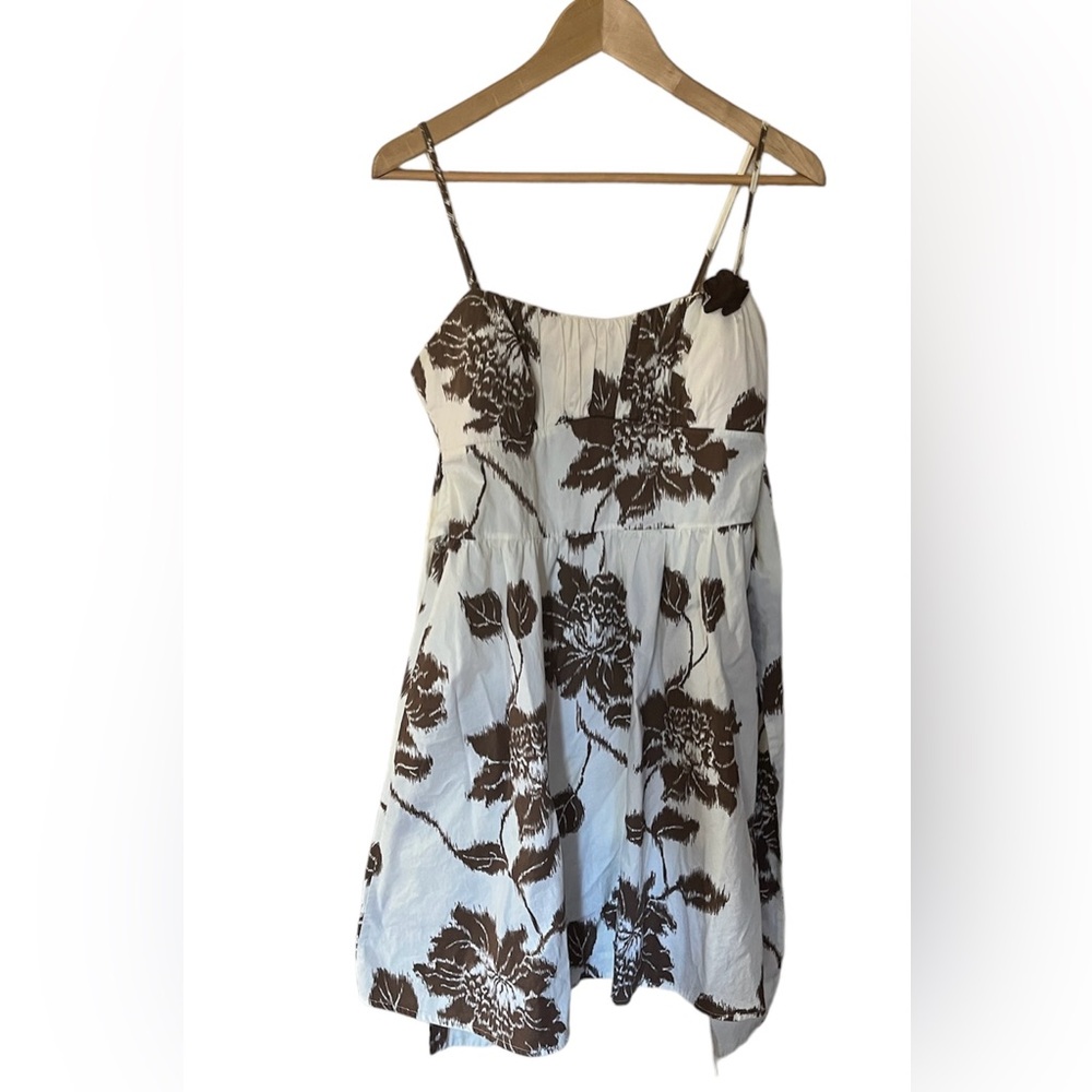 Woman’s cream dress brown flowers  tie back thin shoulder straps sundress